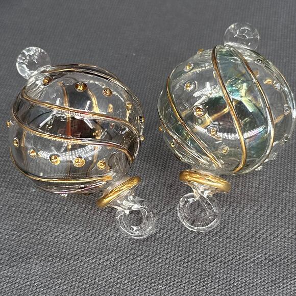 Egyptian Museum Hand Blown Glass Ornament Set 2 Gold Trim Spiral Iridescent Box - Picture 2 of 16